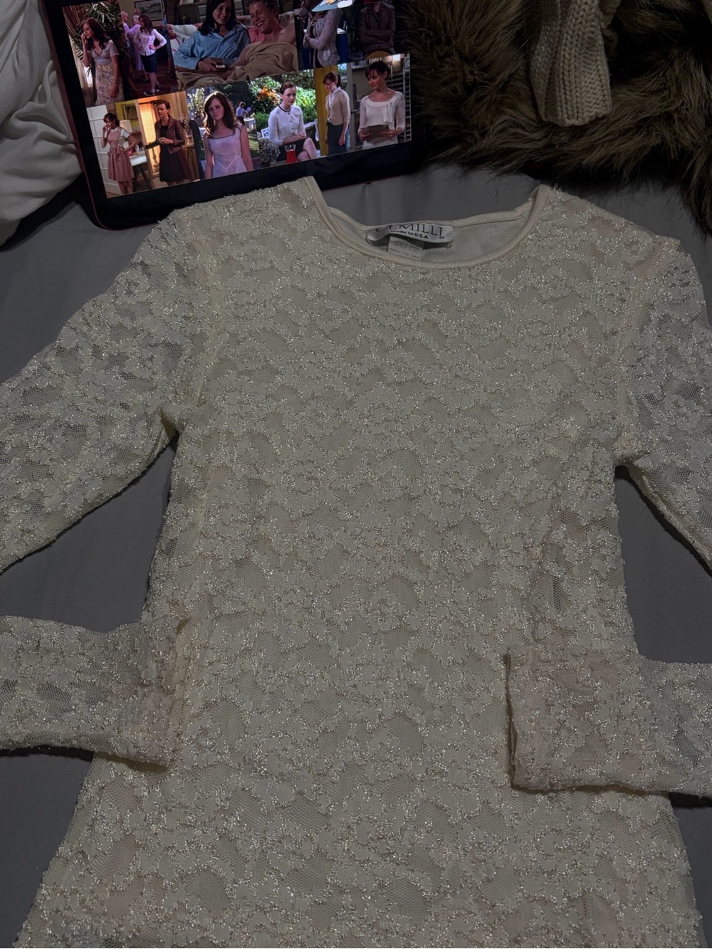 Embellished Cream Long-Sleeve Lace Tee by Millie